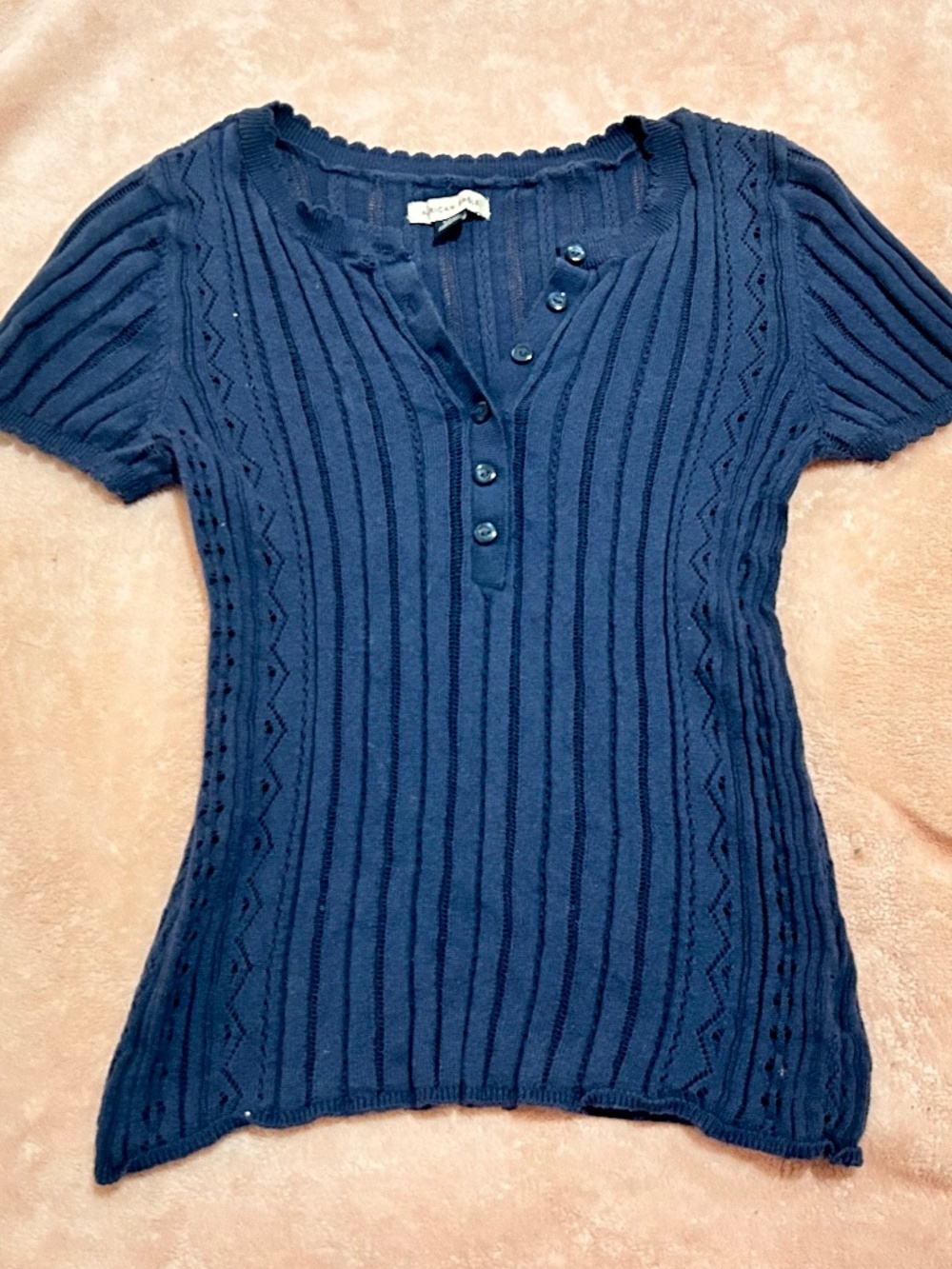 American Eagle, Navy Blue, Knitted, Quarter-button up Short Sleeve